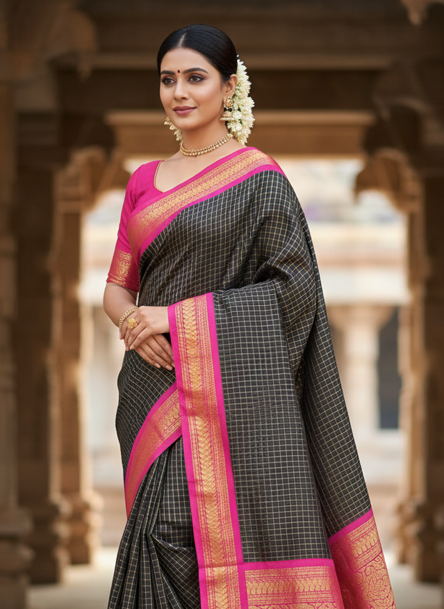 Festive Elegance Black Kalyani Cotton Saree 
