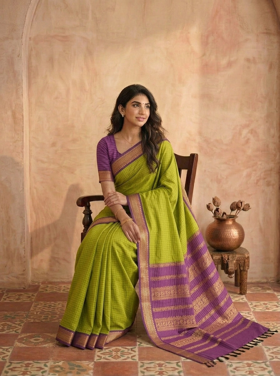 Parrot Green Kalyani Cotton Saree with Brown Checks