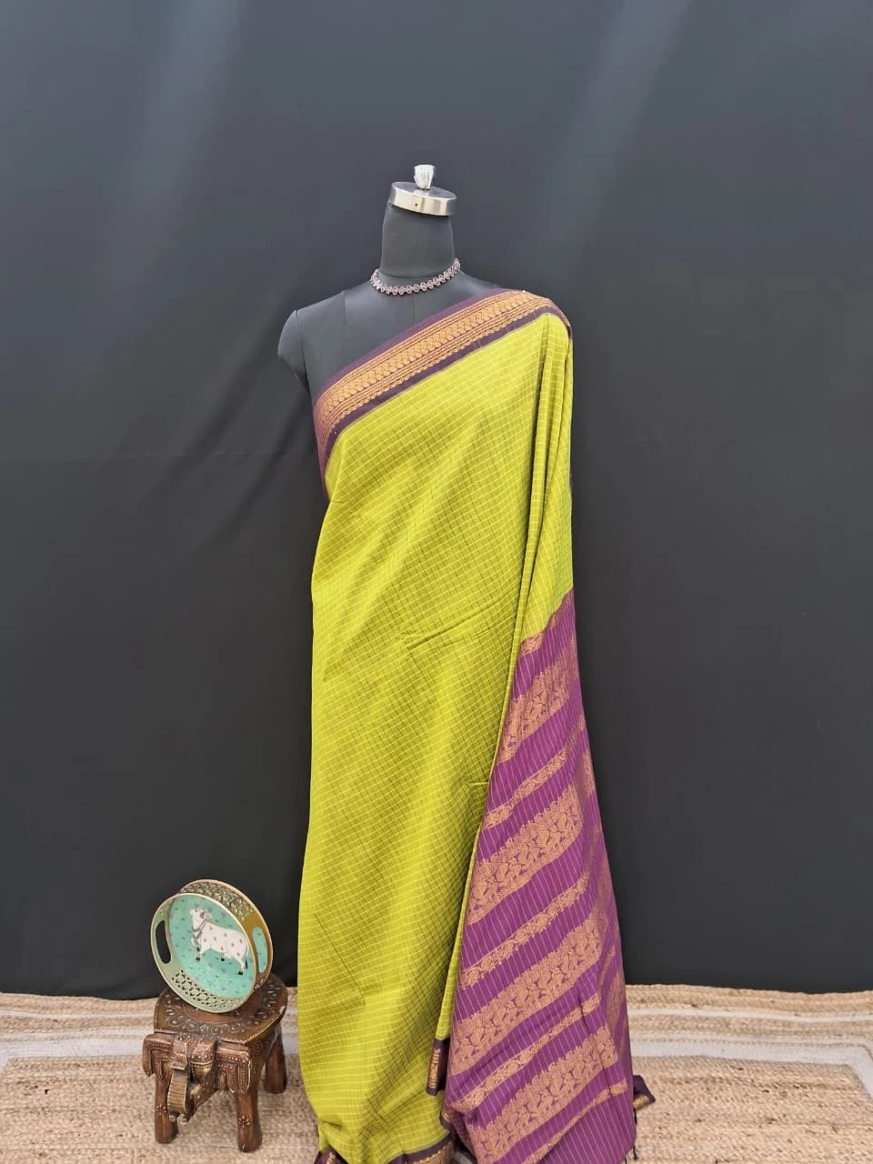 Parrot Green Kalyani Cotton Saree with Brown Checks