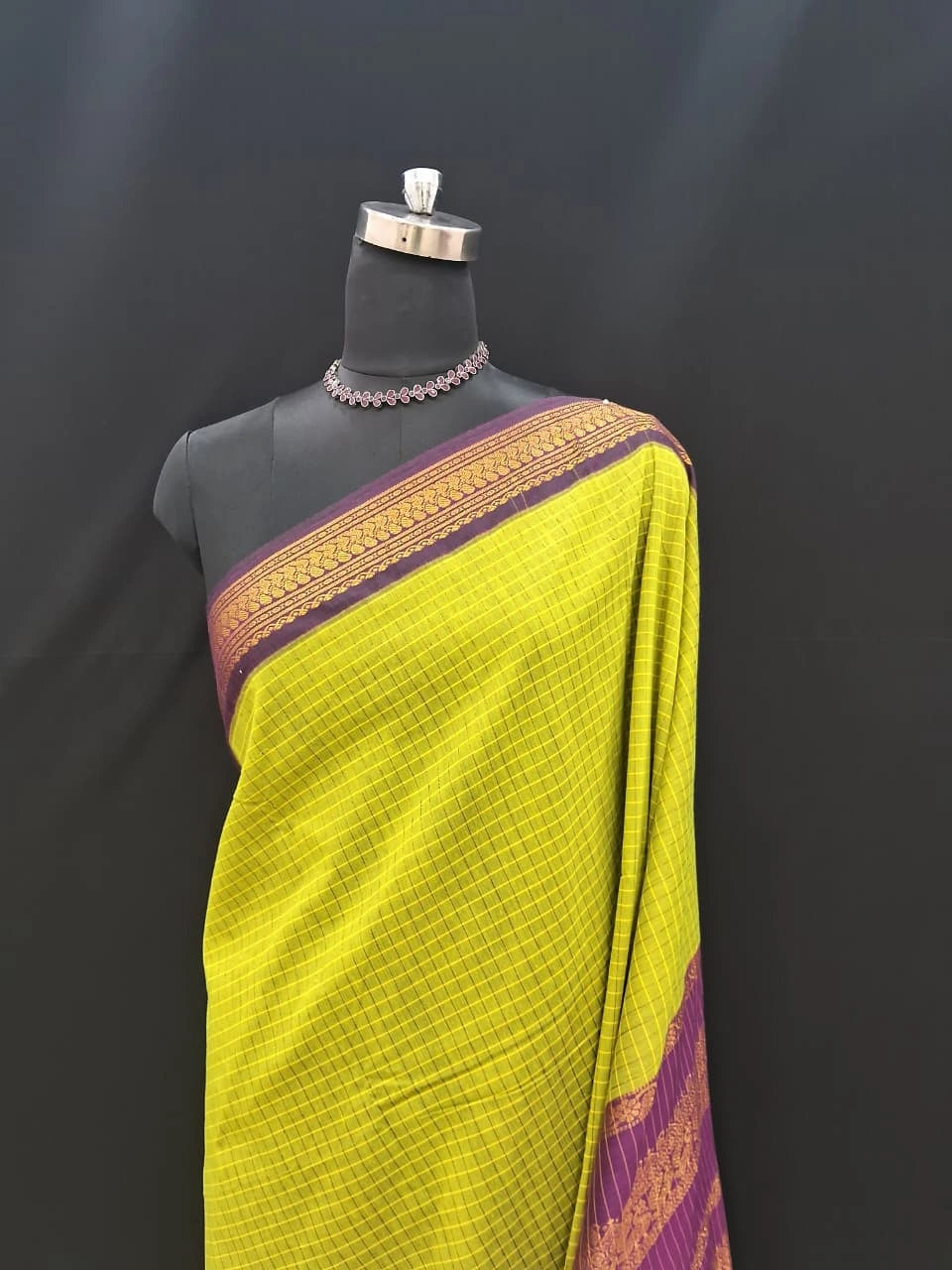 Parrot Green Kalyani Cotton Saree with Brown Checks 1