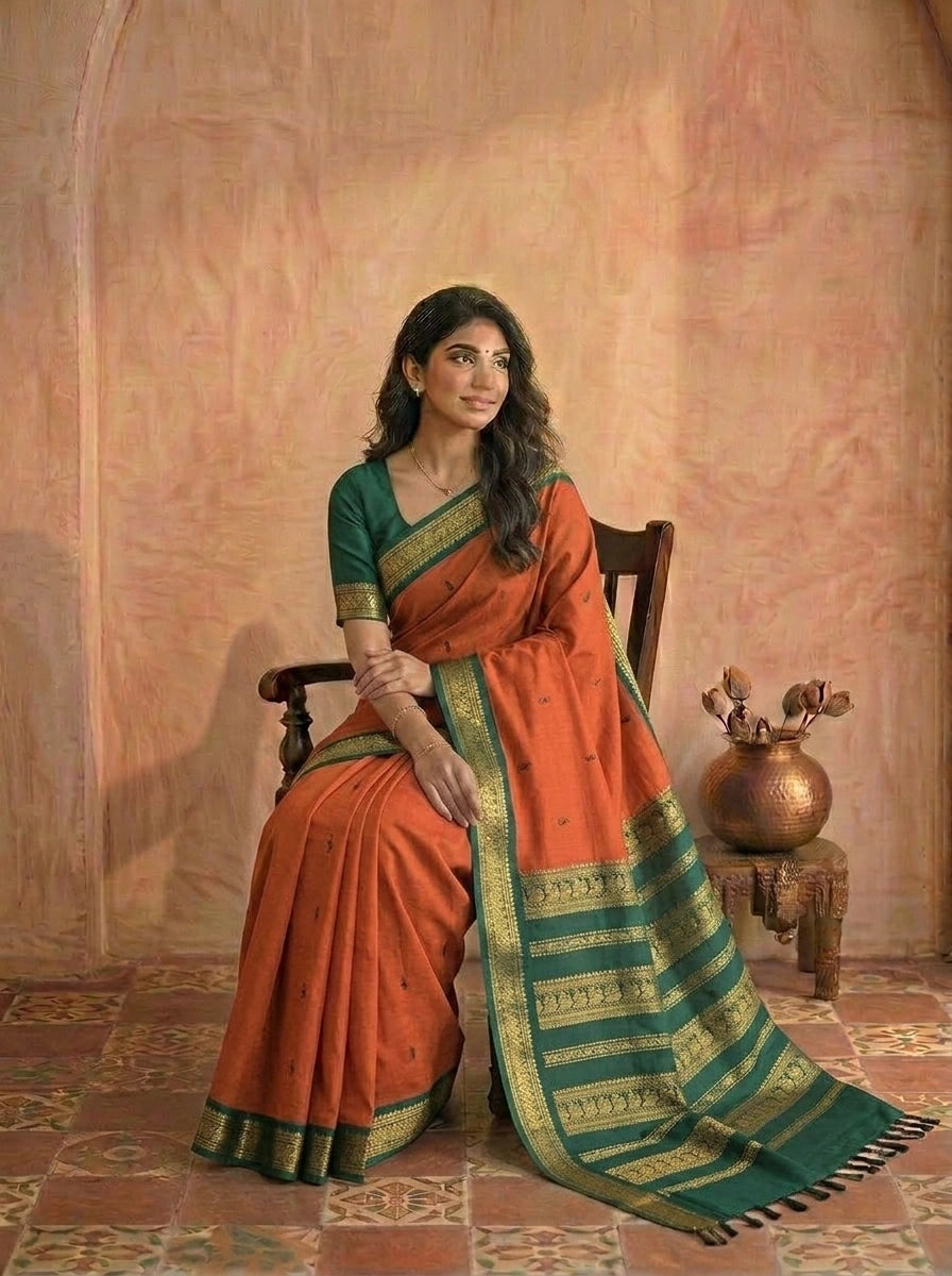 Dark Orange Kalyani Cotton Saree