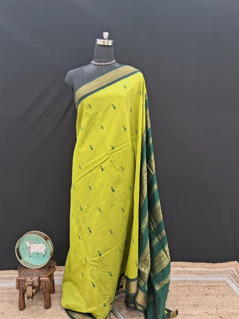 Elegant parrot green Kalyani cotton saree 