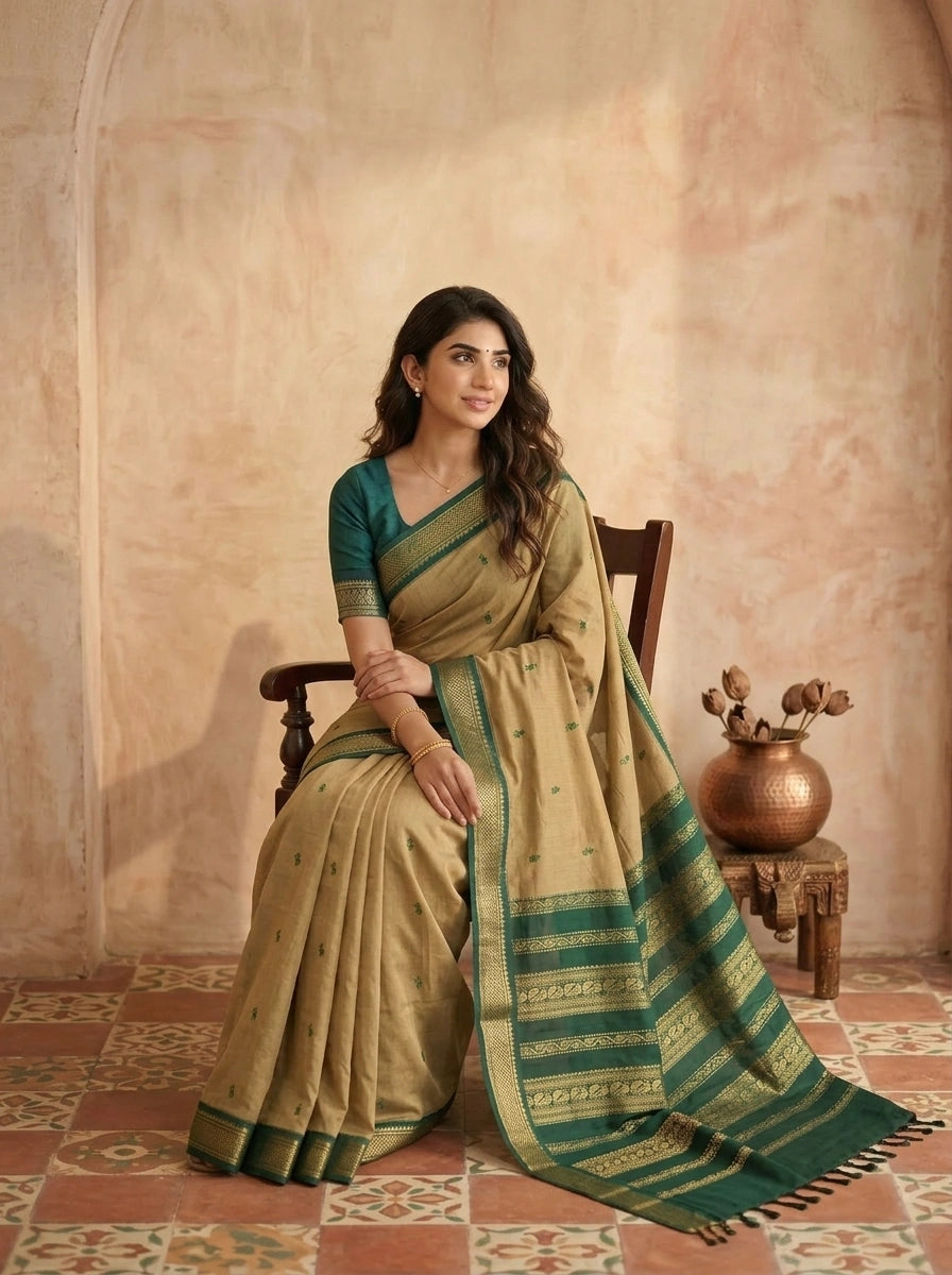 Graceful beige Kalyani cotton saree