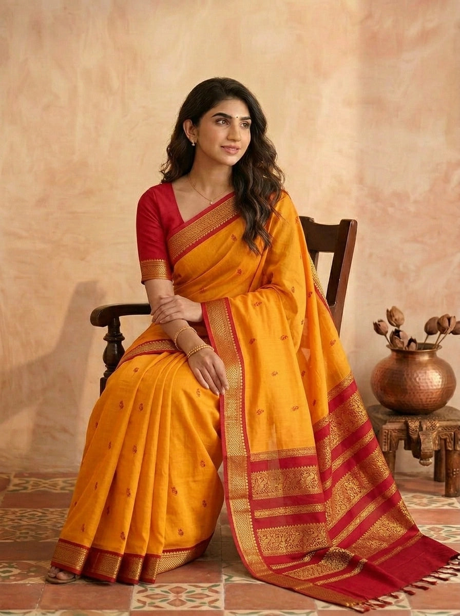 Beautiful Mango Yellow Kalyani Cotton Saree 