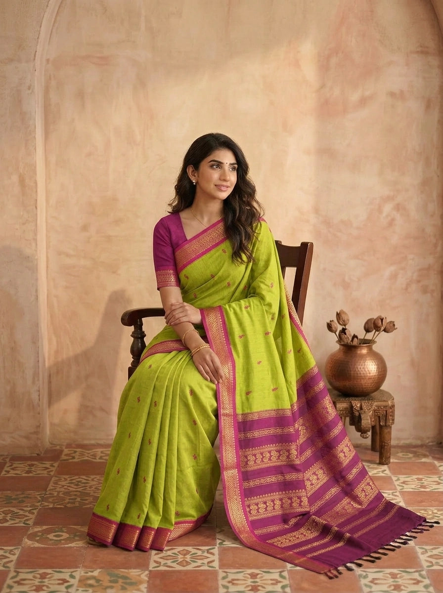 Stunning Bright green Kalyani cotton saree