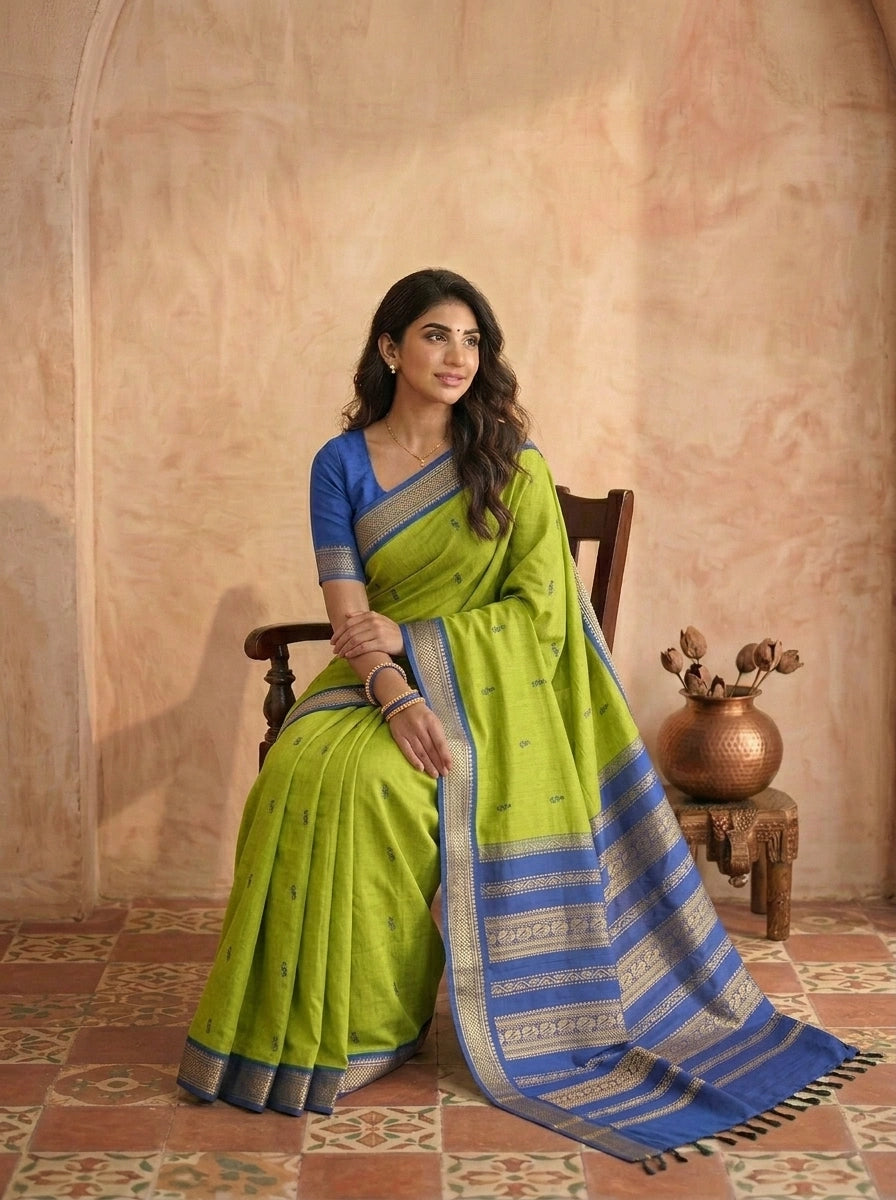 Elegant Parrot Green Kalyani Cotton Saree