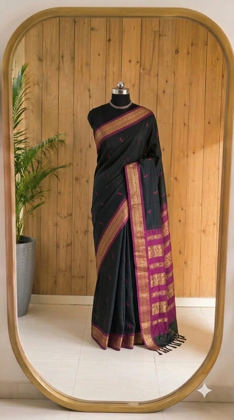 Stunning Black Kalyani Cotton Saree 