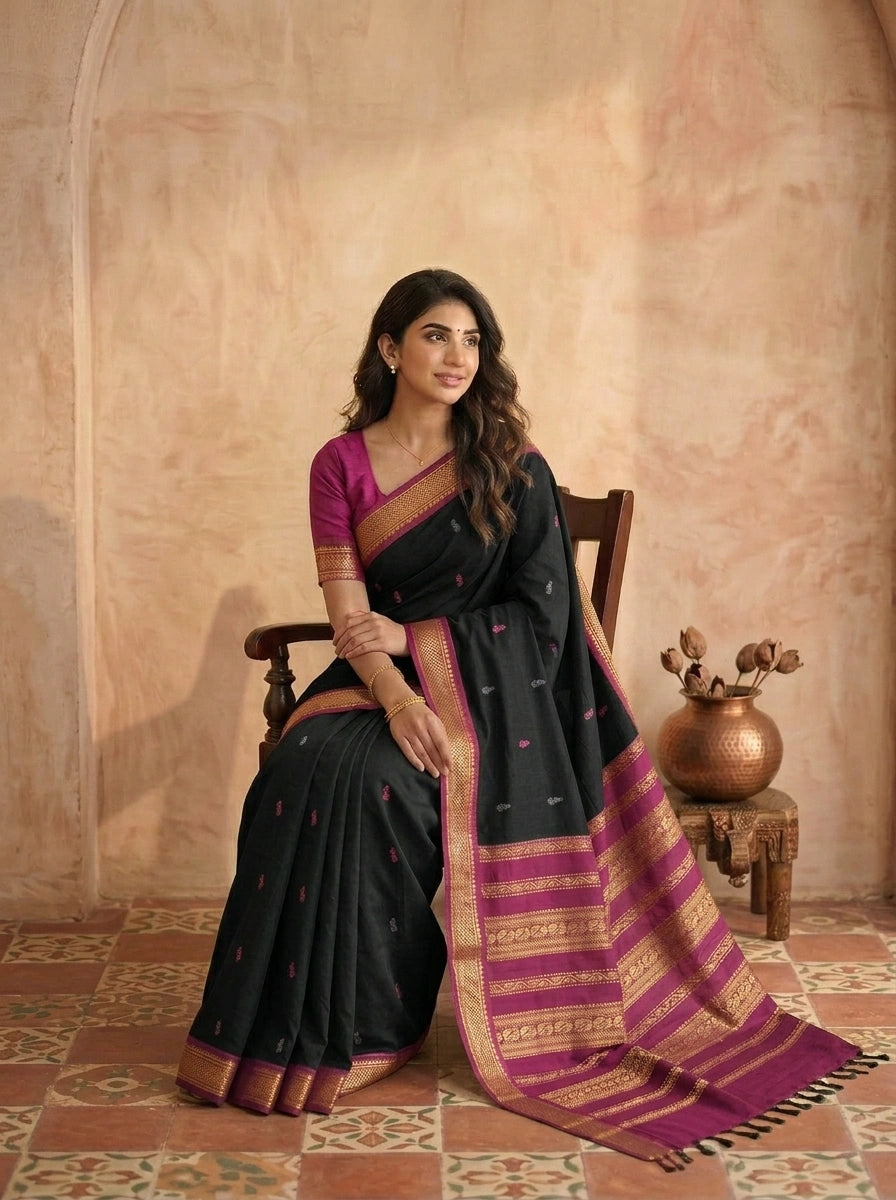 Stunning Black Kalyani Cotton Saree
