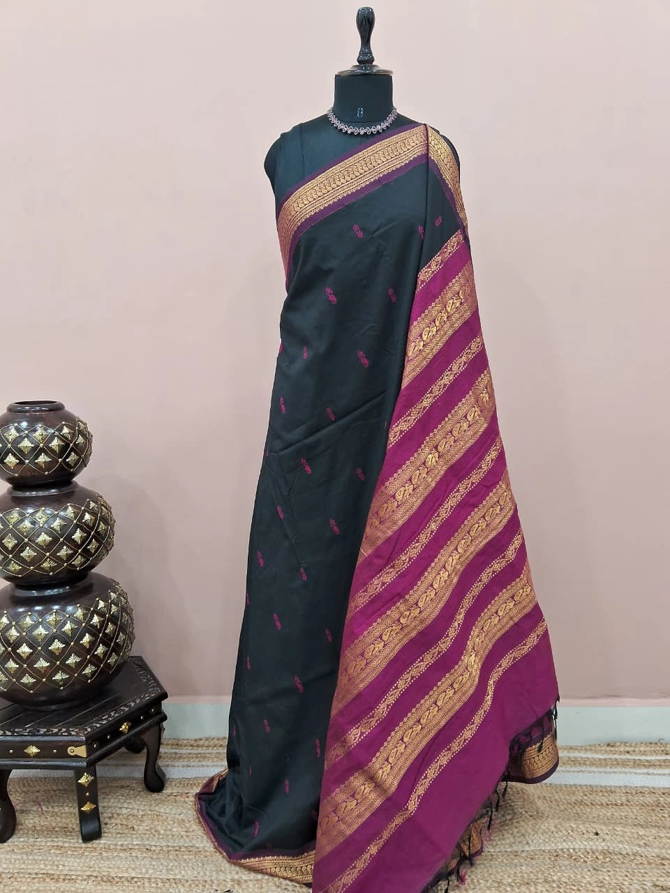 Stunning Black Kalyani Cotton Saree 