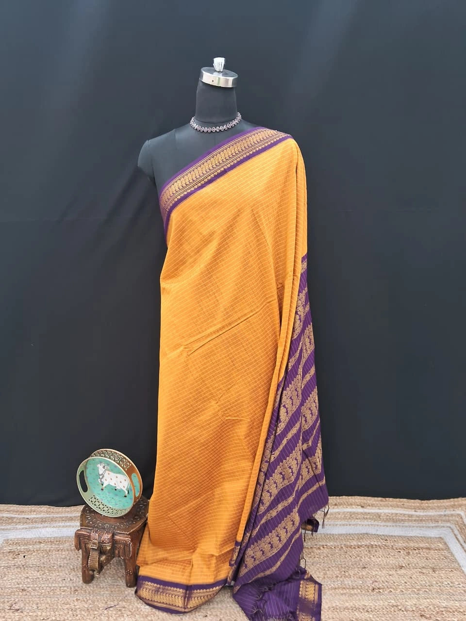 Mustard yellow checked Kalyani cotton saree