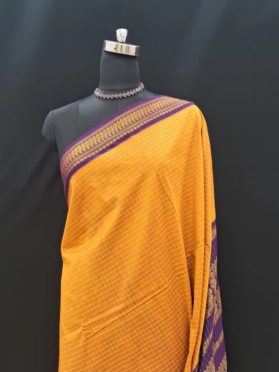 Mustard yellow checked Kalyani cotton saree 1