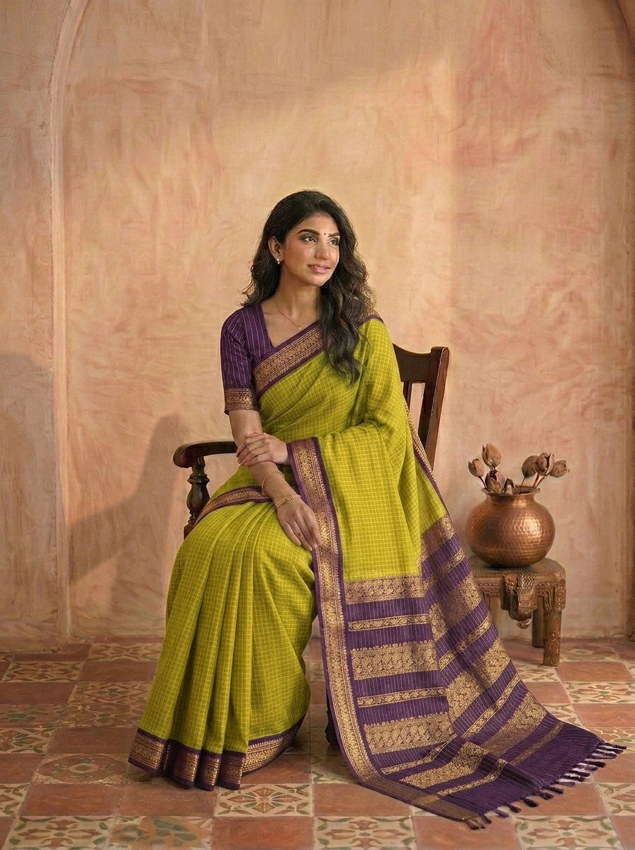 Bright Green Checked Kalyani Cotton Saree 