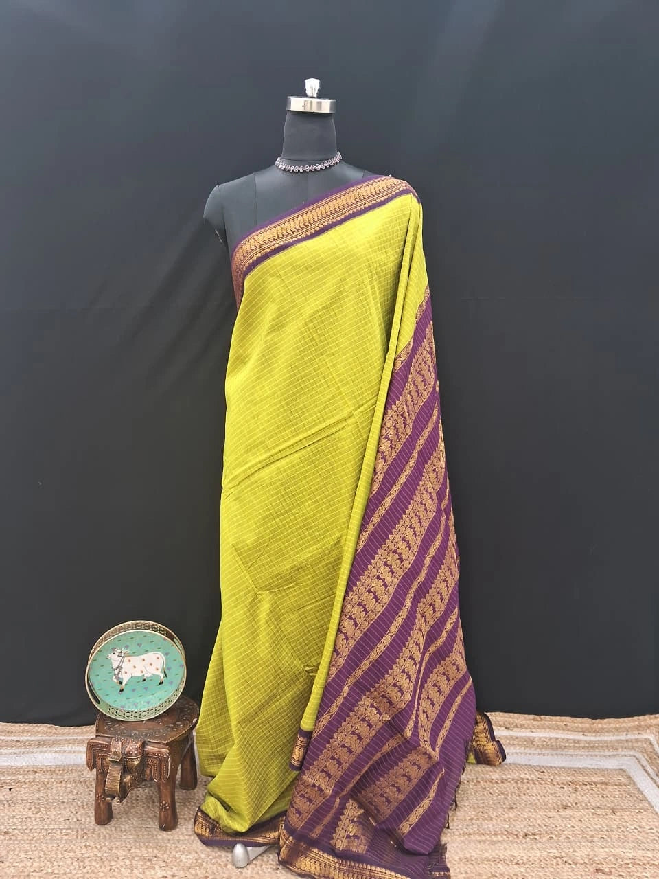 Bright Green Checked Kalyani Cotton Saree 
