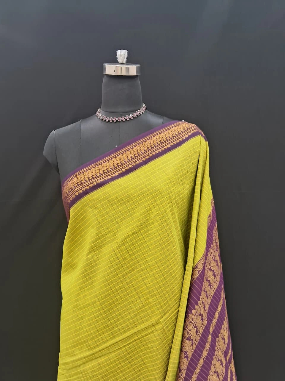 Bright Green Checked Kalyani Cotton Saree 1
