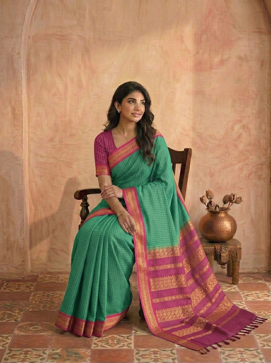 Sea green checked Kalyani cotton saree