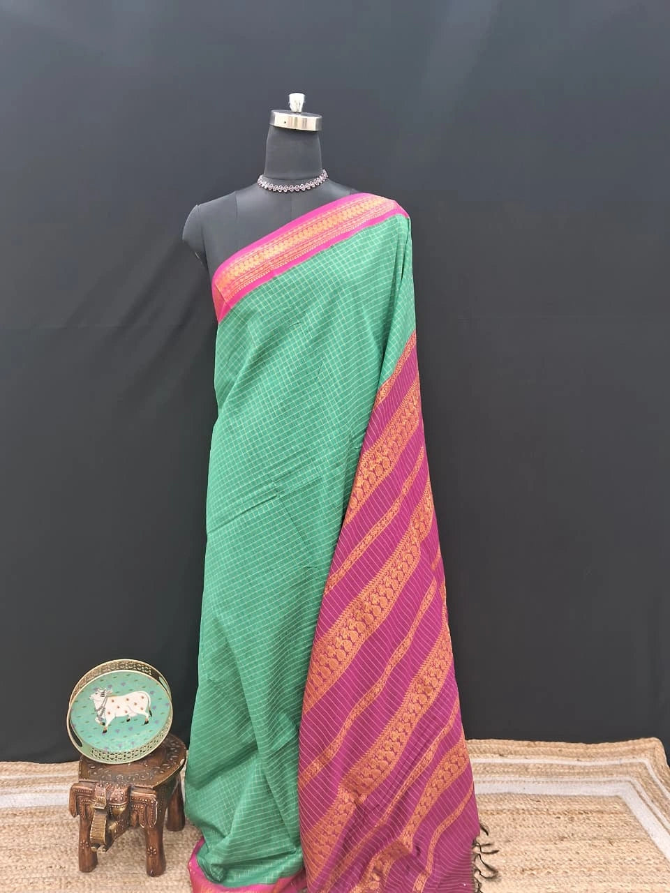 Sea green checked Kalyani cotton saree