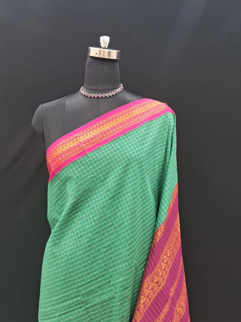 Sea green checked Kalyani cotton saree 1