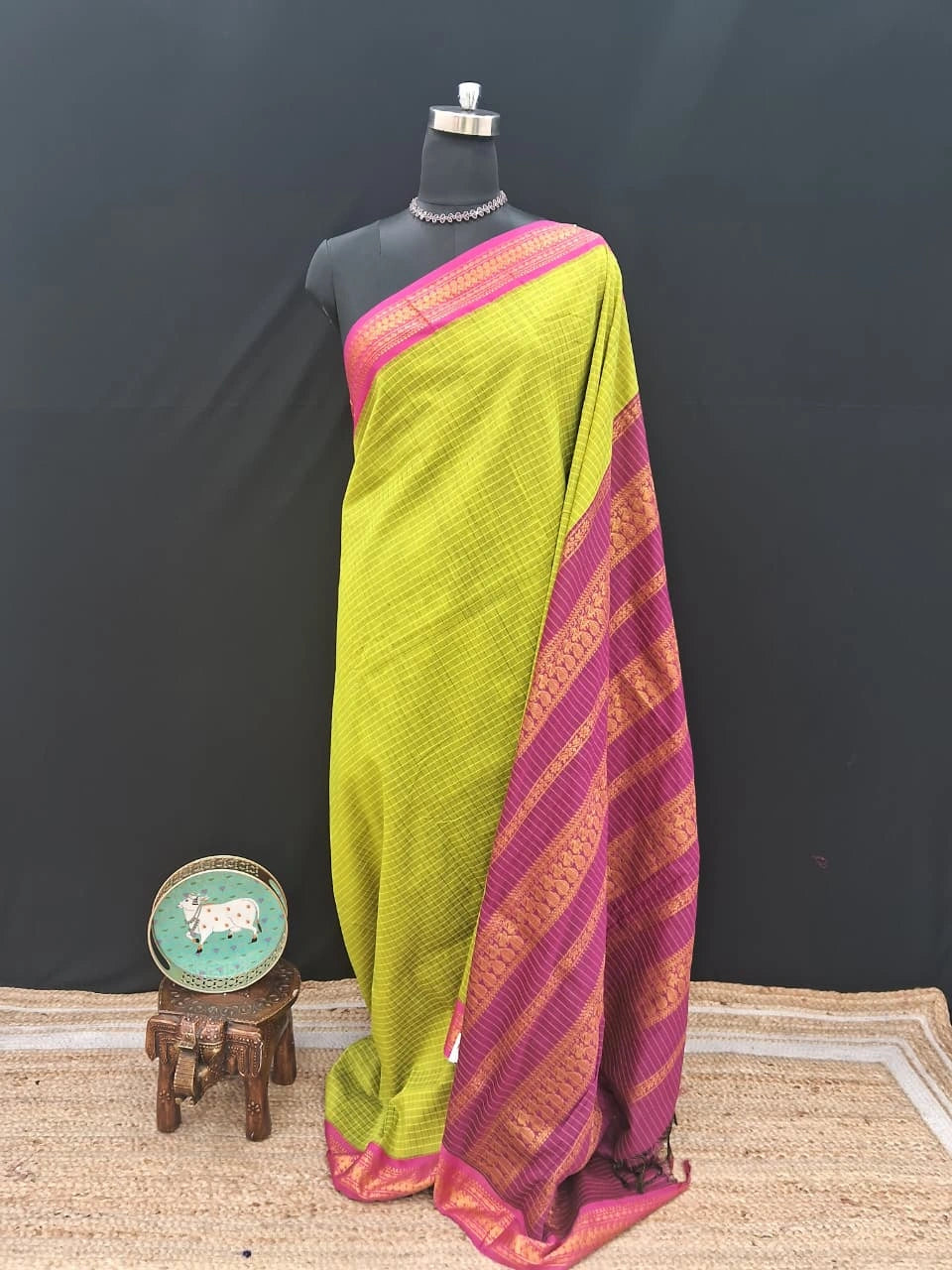 Parrot green checked Kalyani cotton saree