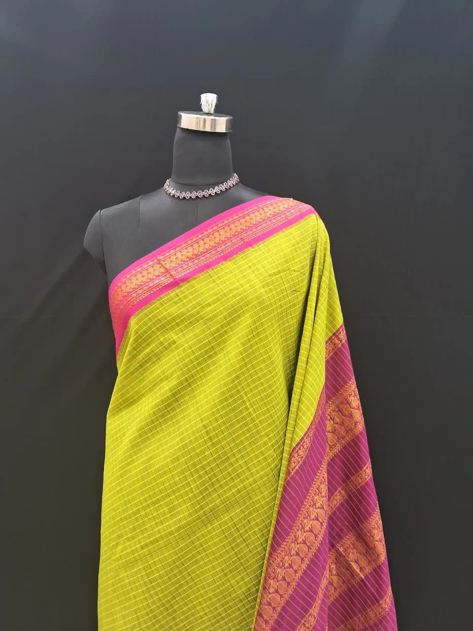 Parrot green checked Kalyani cotton saree 1