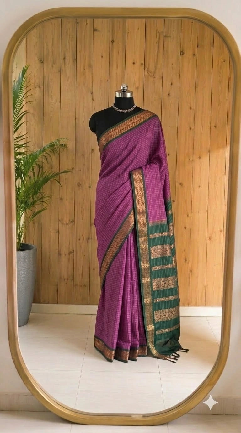 Onion pink checked Kalyani cotton saree