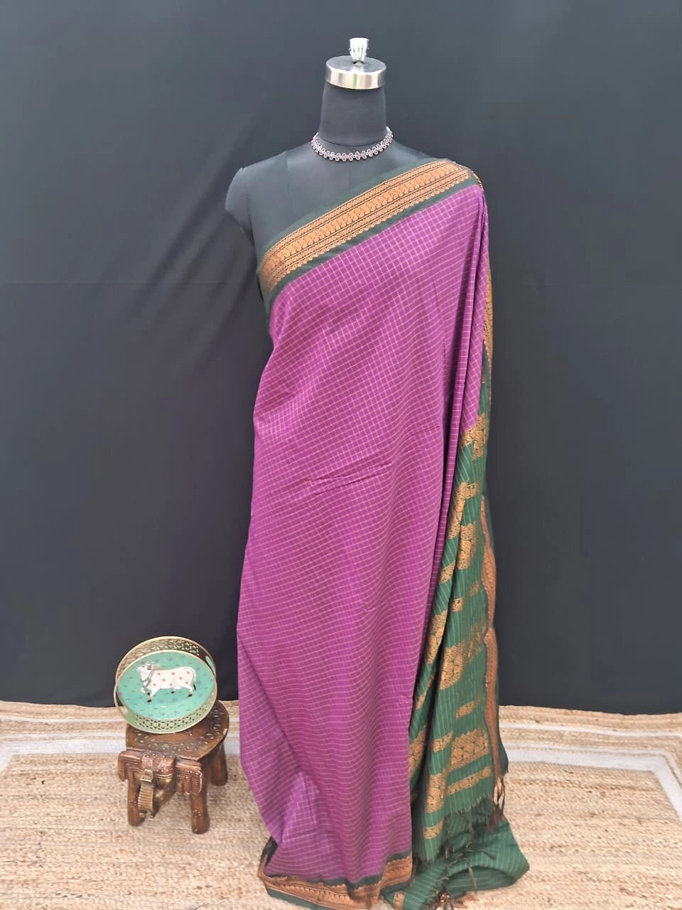 Onion pink checked Kalyani cotton saree
