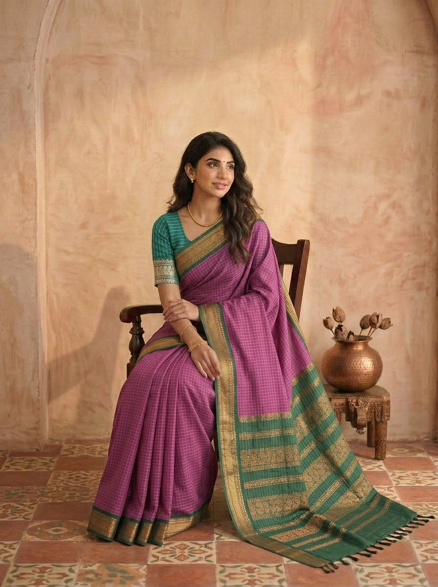 Onion pink checked Kalyani cotton saree 