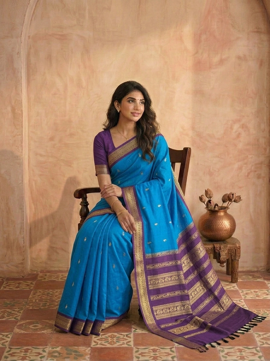 Caribbean Blue Kalyani Cotton Saree