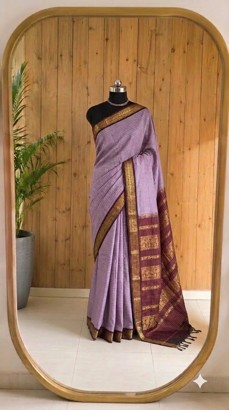 Lavender Zari Checked Kalyani Cotton Saree