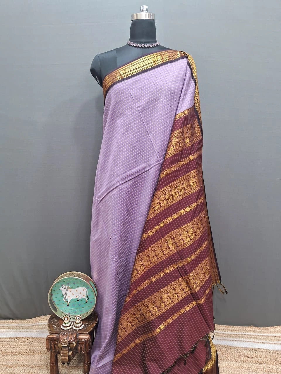 Lavender Zari Checked Kalyani Cotton Saree