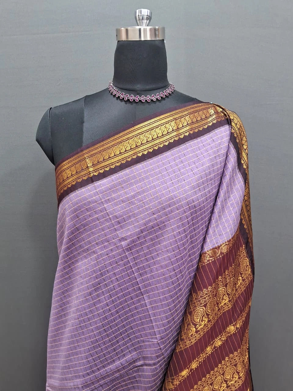 Lavender Zari Checked Kalyani Cotton Saree 1