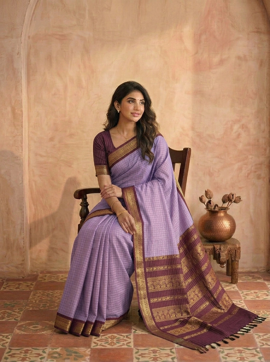 Lavender Zari Checked Kalyani Cotton Saree
