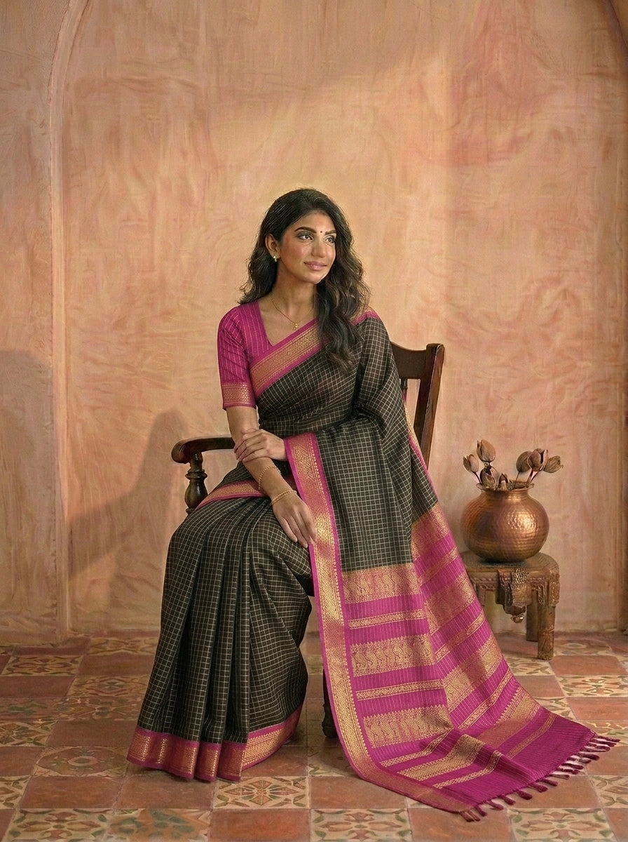 Black Zari Checked Kalyani Cotton Saree 