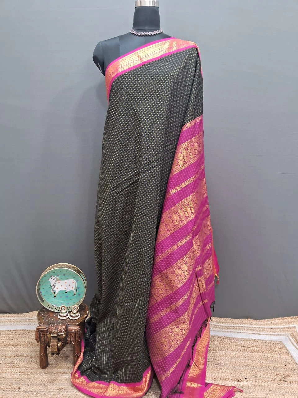 Black Zari Checked Kalyani Cotton Saree 