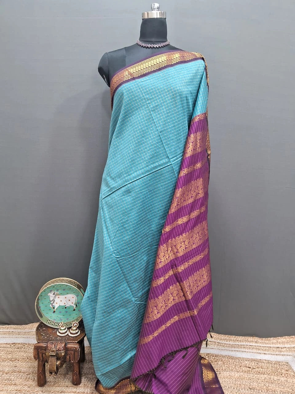 Marine Blue Zari Checked Kalyani Cotton Saree 