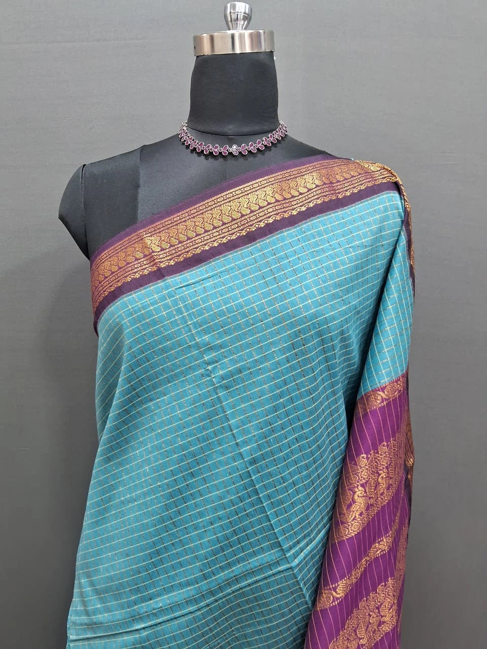 Marine Blue Zari Checked Kalyani Cotton Saree 1