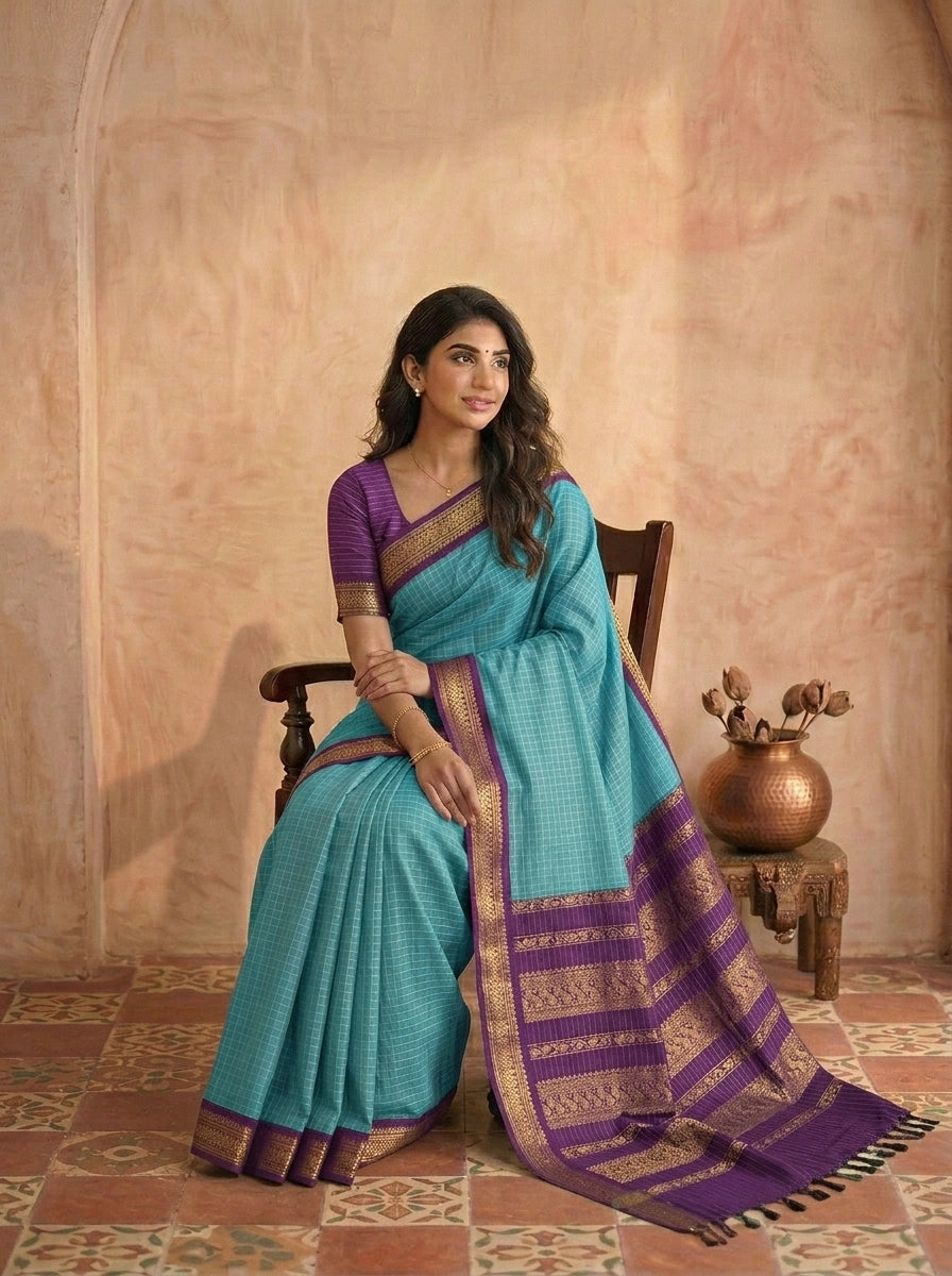 Marine Blue Zari Checked Kalyani Cotton Saree 