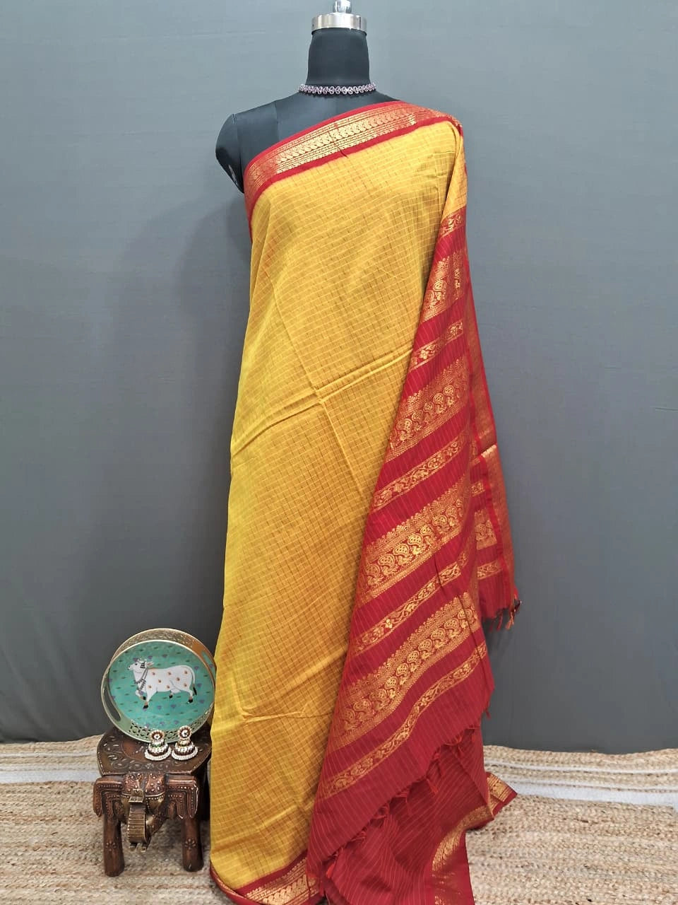 Mango Yellow Classic Zari Checked Kalyani Cotton Saree