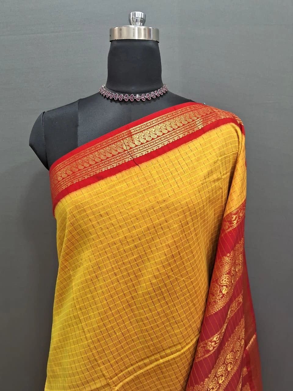 Mango Yellow Classic Zari Checked Kalyani Cotton Saree 1
