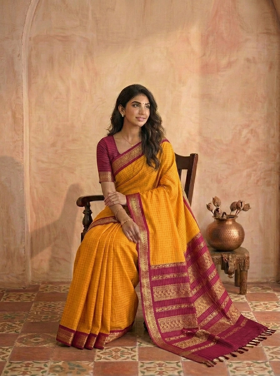 Mango Yellow Classic Zari Checked Kalyani Cotton Saree