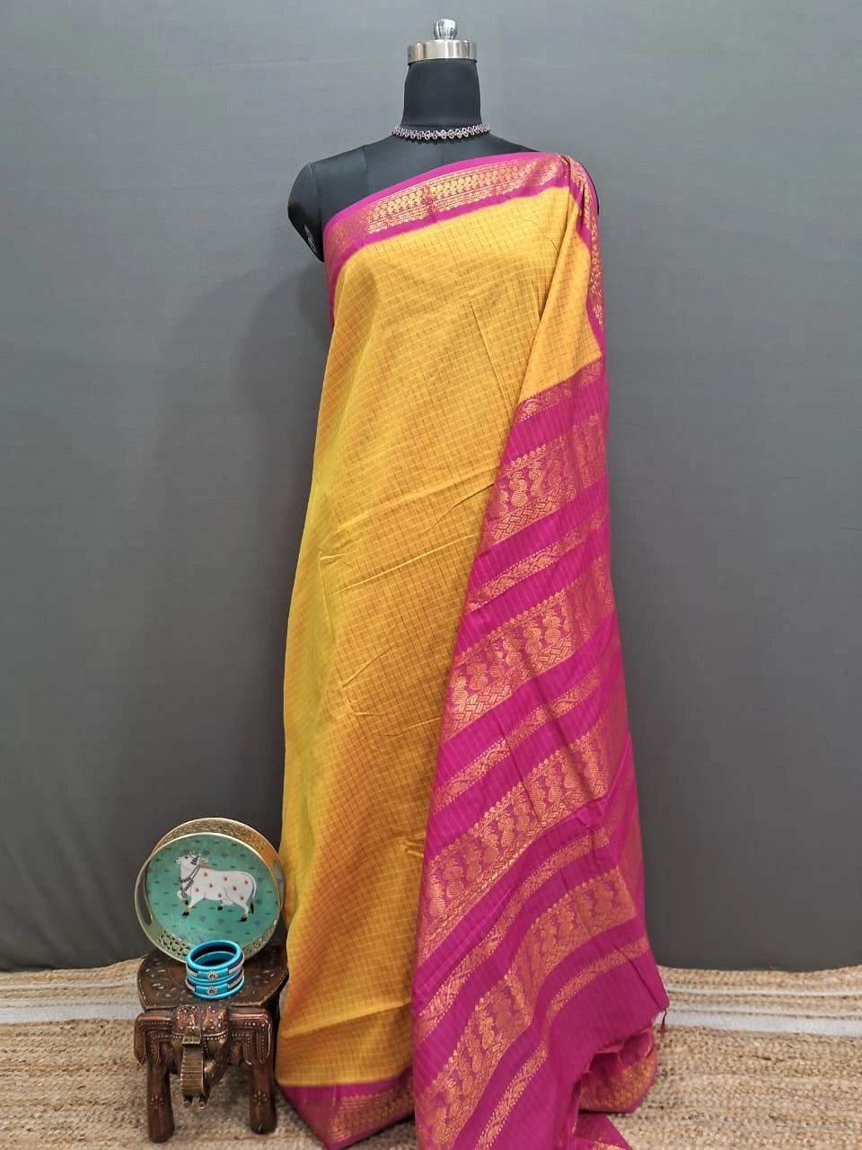 Mango Yellow Zari Checked Kalyani Cotton Saree