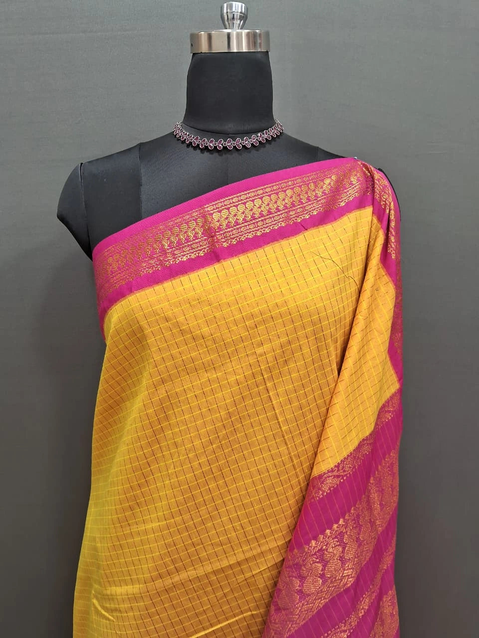 Mango Yellow Zari Checked Kalyani Cotton Saree 1