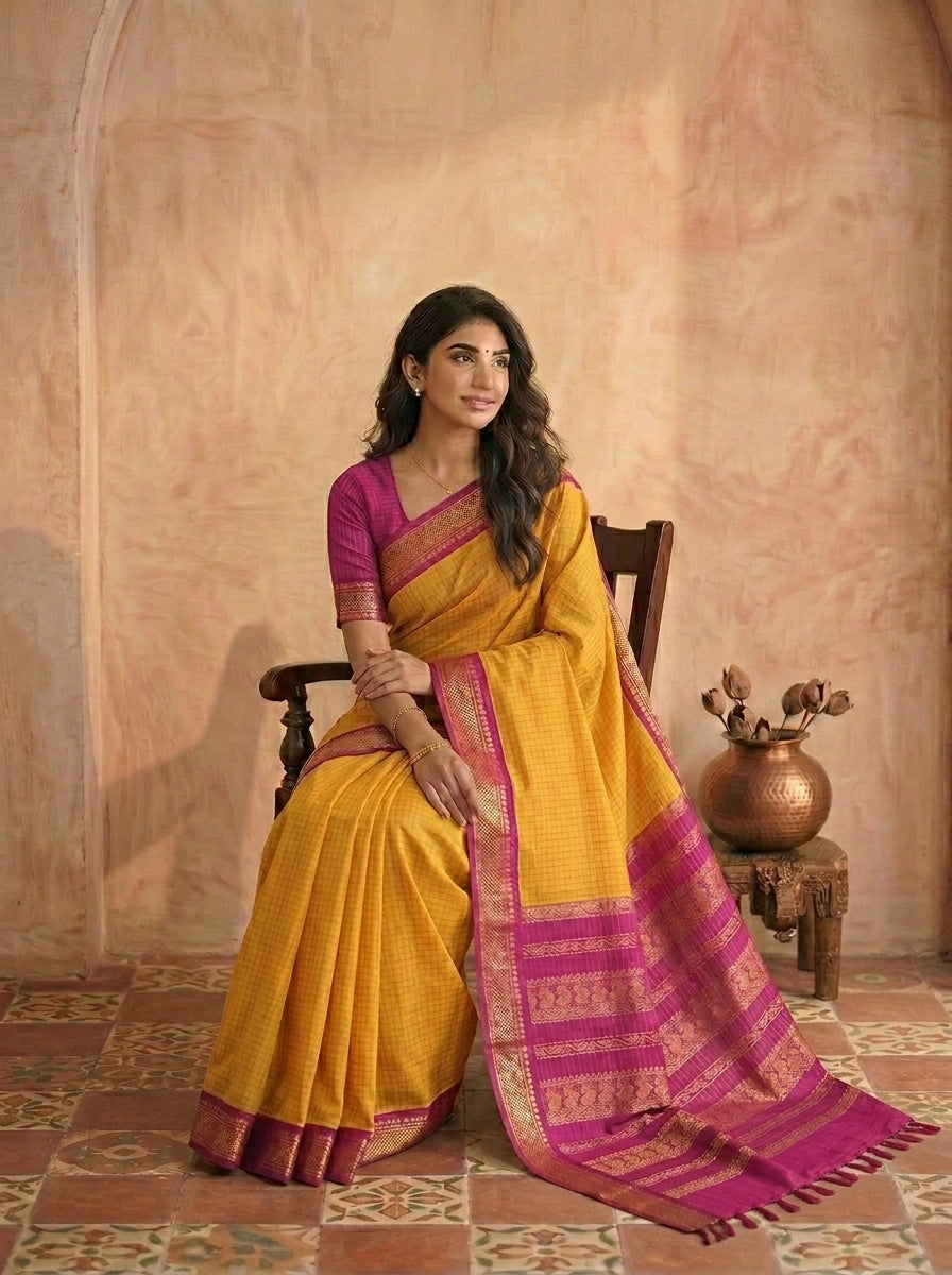 Mango Yellow Zari Checked Kalyani Cotton Saree