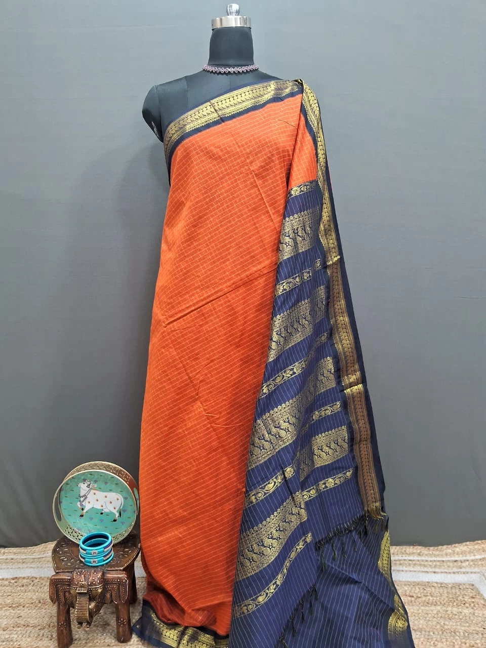 Dark Orange Zari Checked Kalyani Cotton Saree 