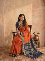 Dark Orange Zari Checked Kalyani Cotton Saree 