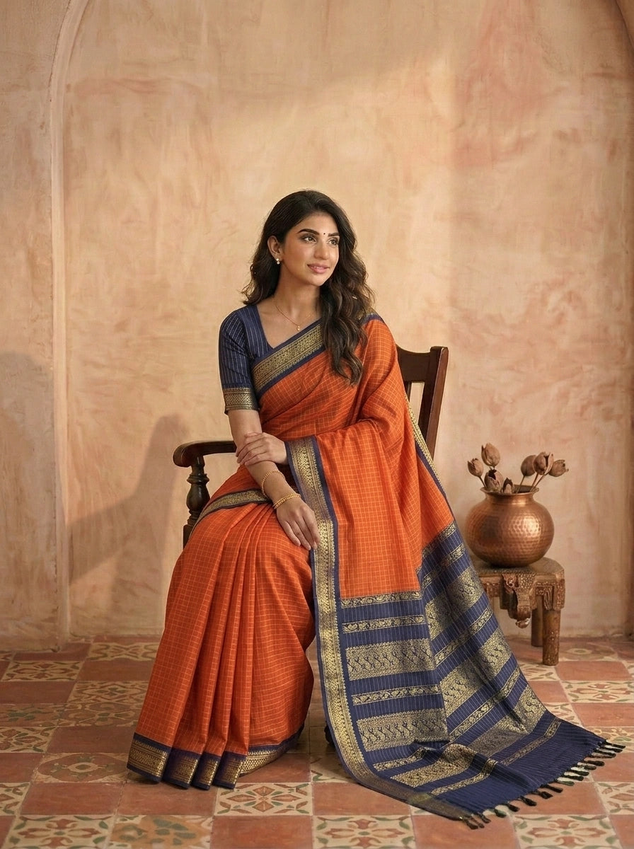Dark Orange Zari Checked Kalyani Cotton Saree 