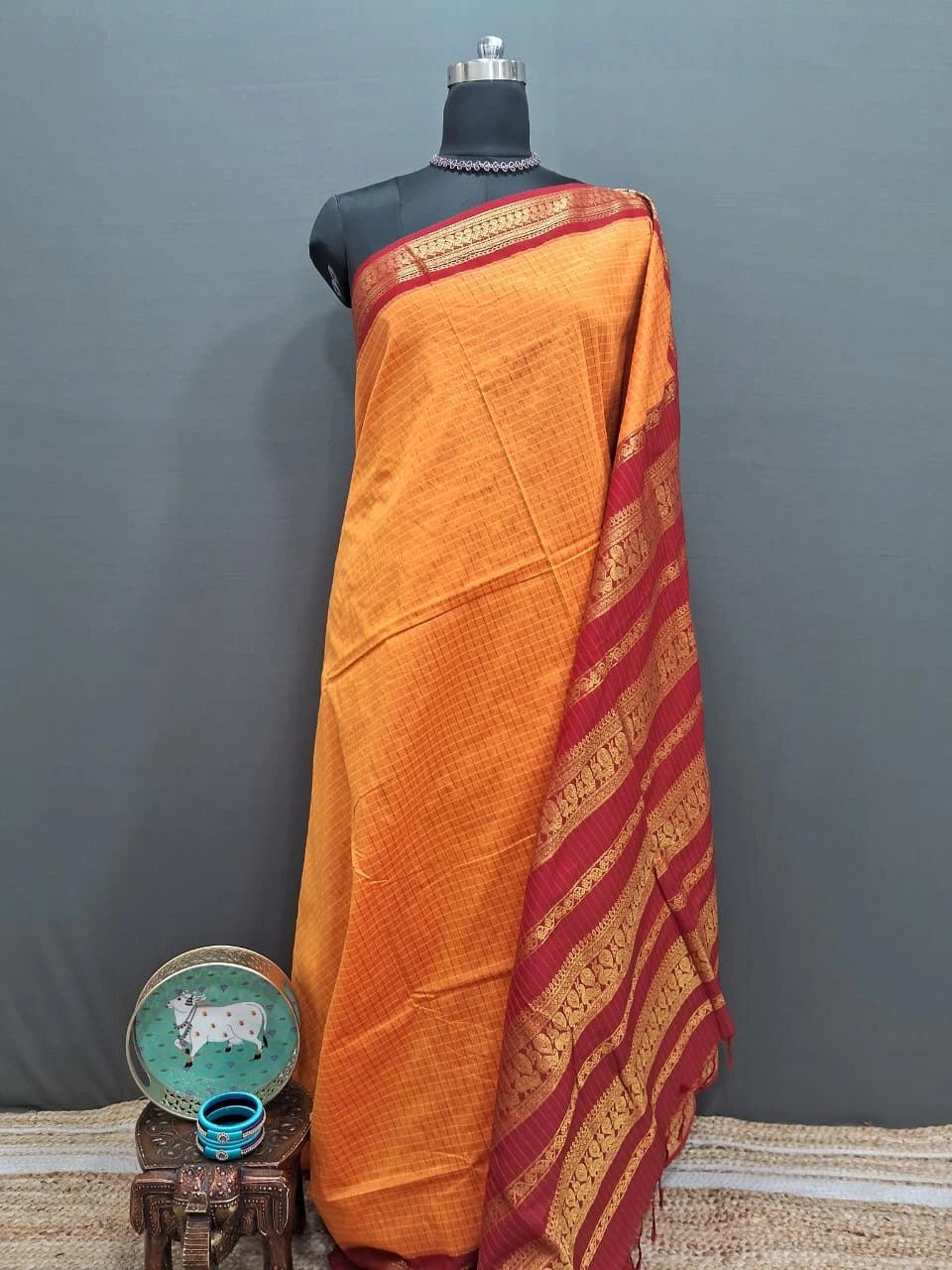 Golden Yellow Zari Checked Kalyani Cotton Saree
