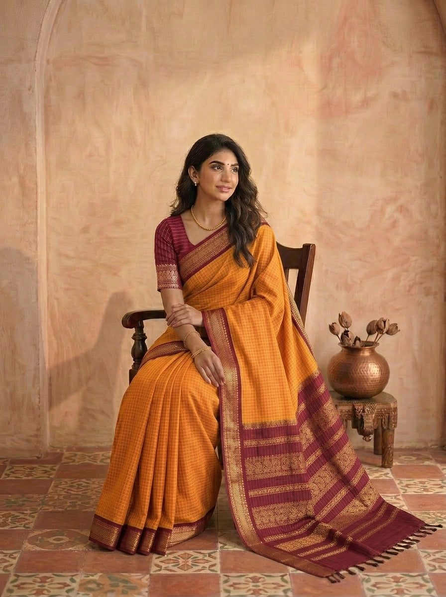 Golden Yellow Zari Checked Kalyani Cotton Saree