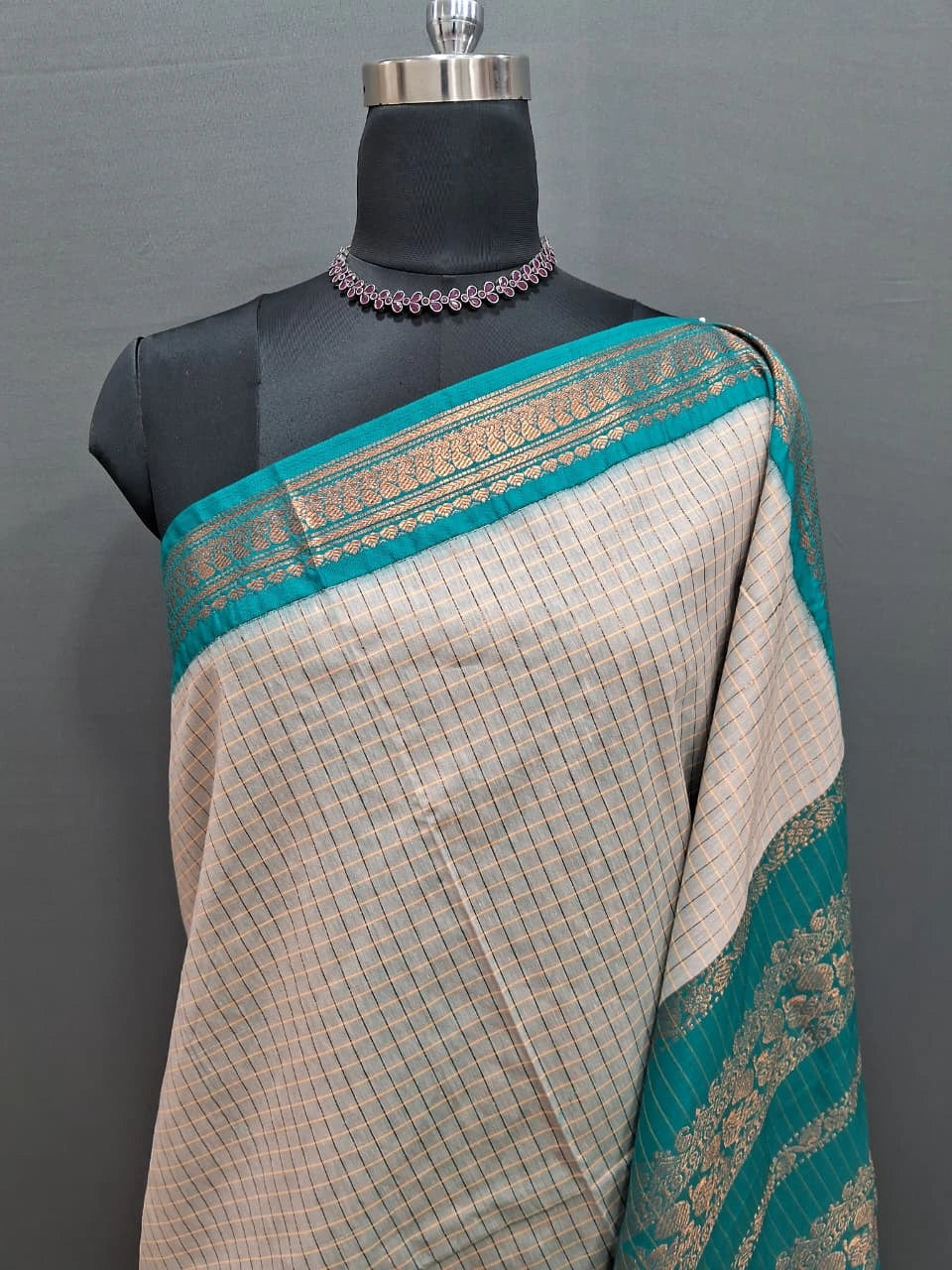 Cream Zari Checked Kalyani Cotton Saree 1