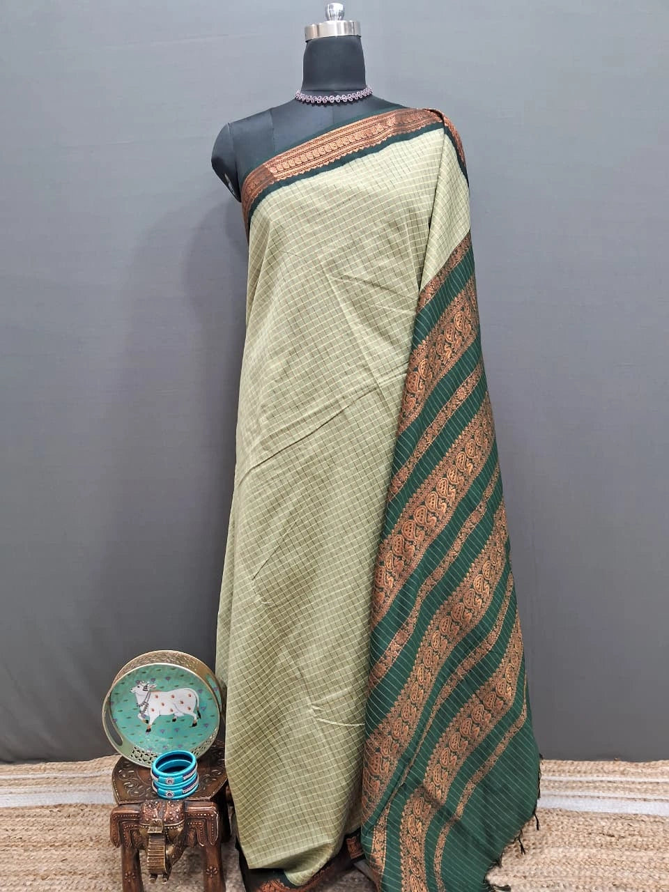 Pista Green Zari Checked Kalyani Cotton Saree