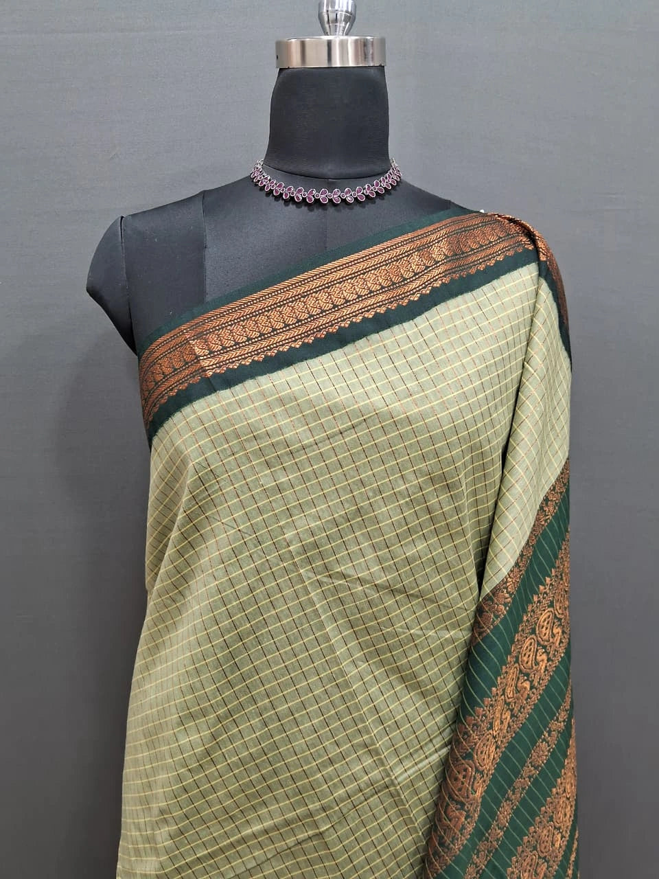 Pista Green Zari Checked Kalyani Cotton Saree 1